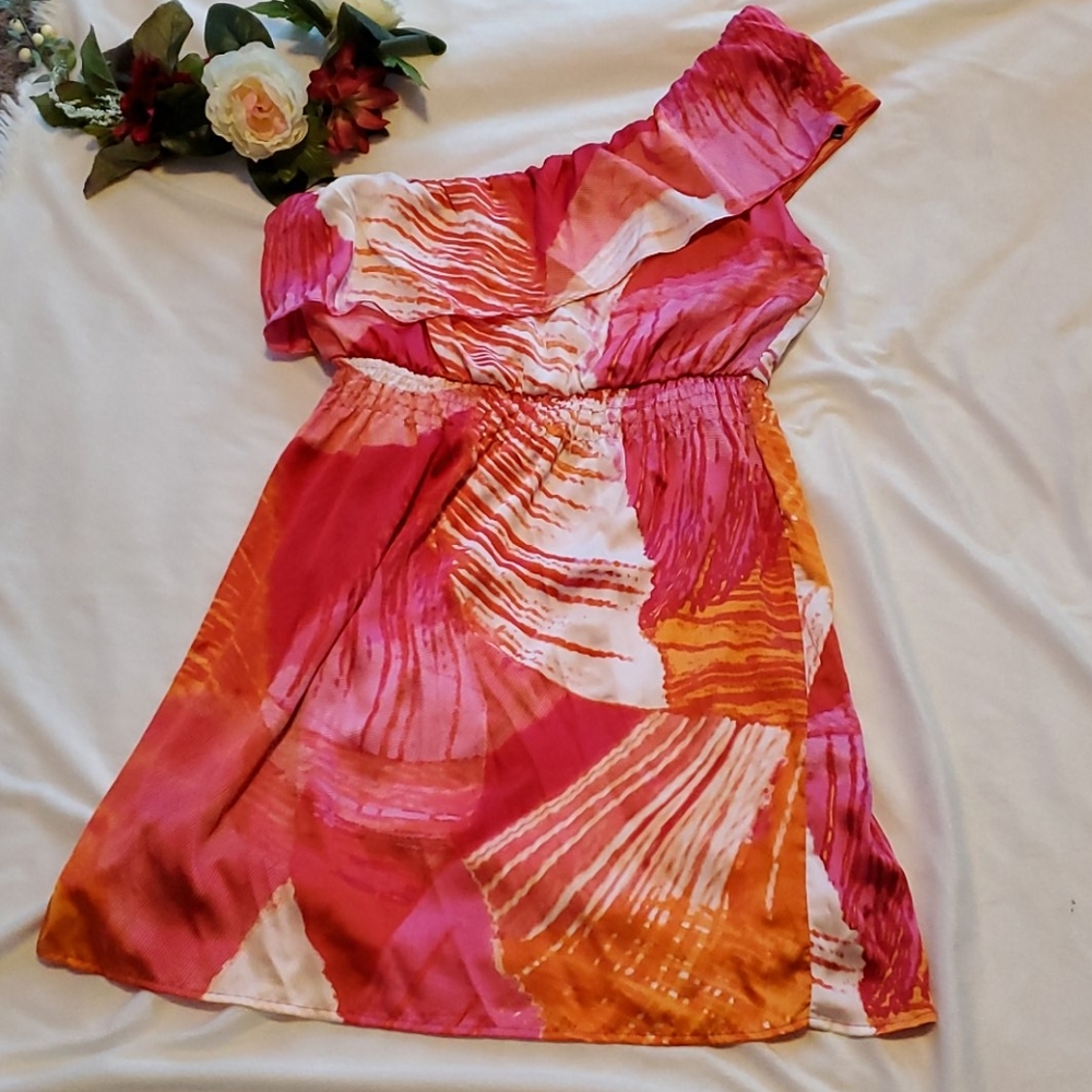 Women's One-Shoulder Pink & Orange Print Dress